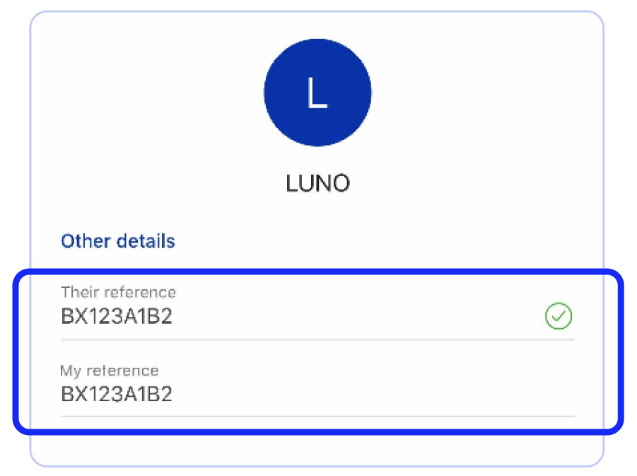 screenshot showing Luno deposit references on Standard Bank