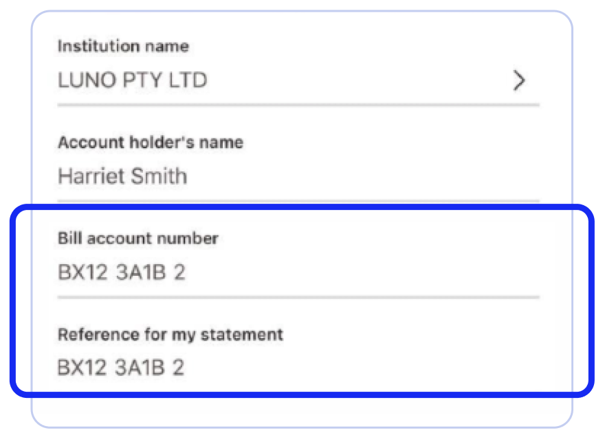 screenshot showing Luno deposit references on Absa