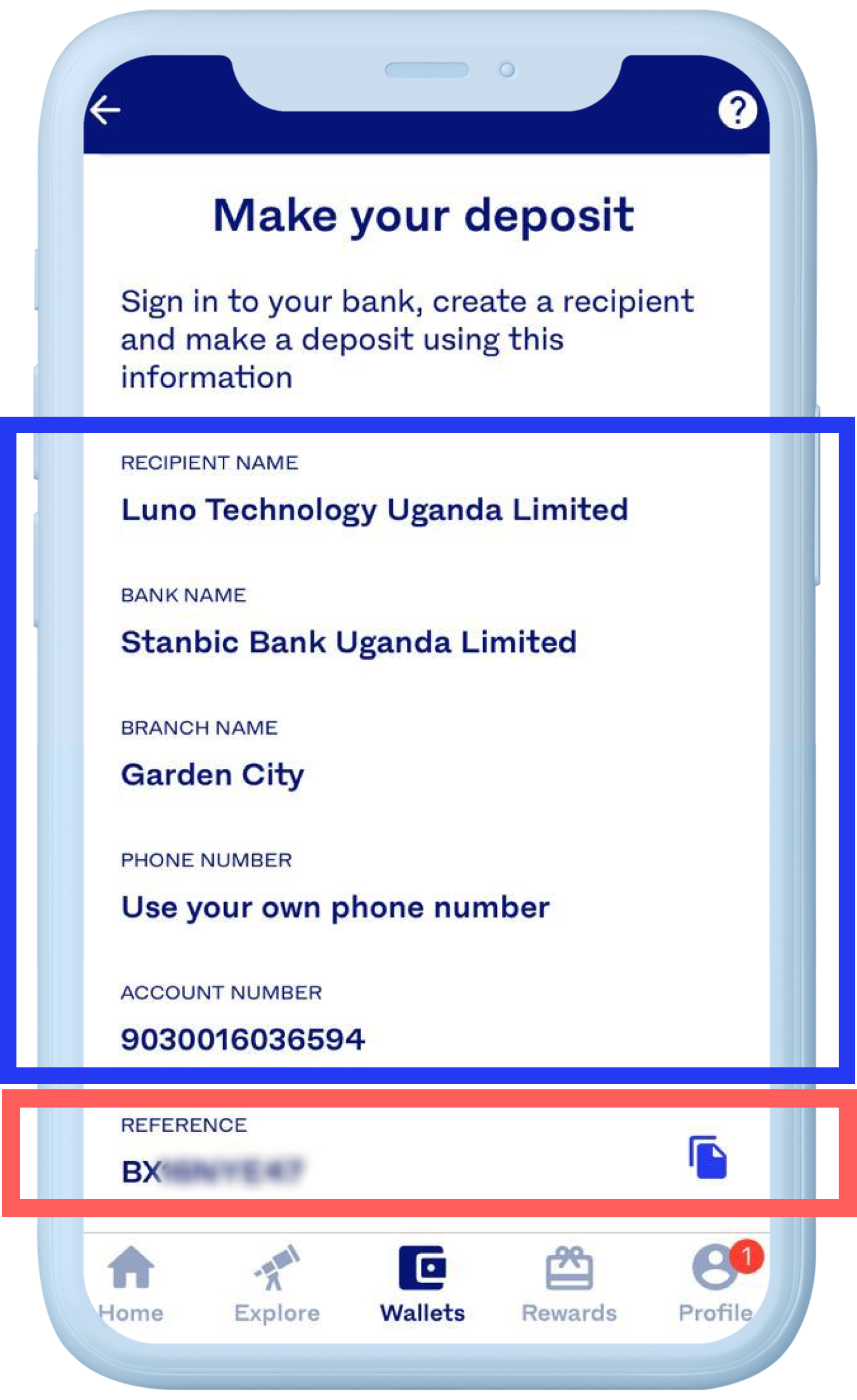 screenshot of Luno's banking details for deposits in Uganda