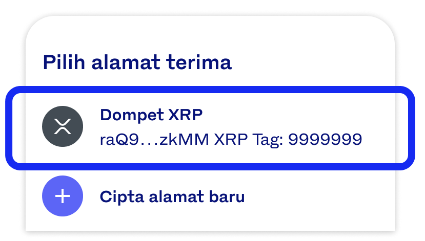 Melayu screenshot of the Luno receive address menu with XRP address and tag highlighted