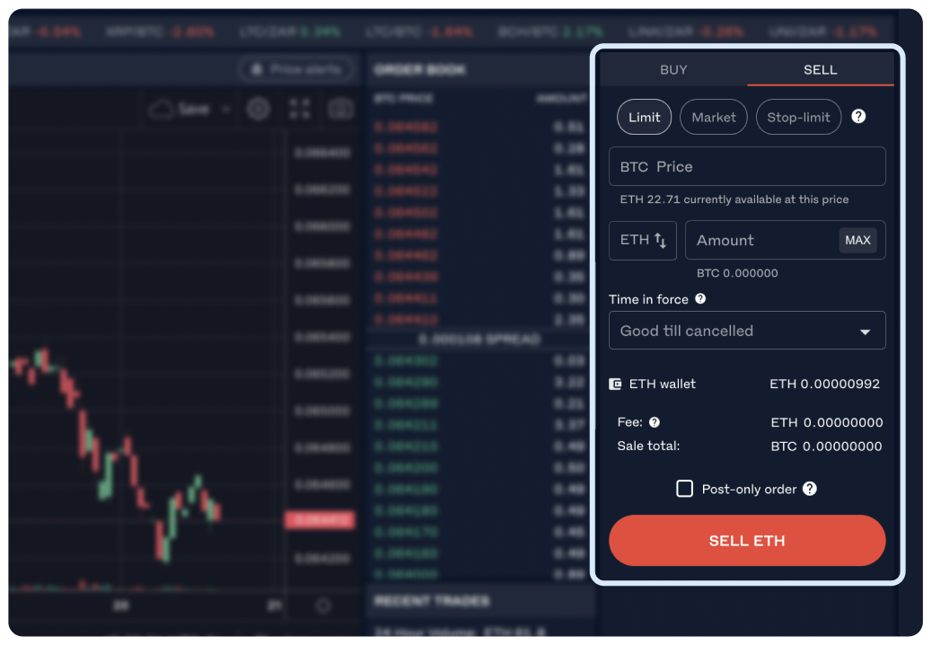 close-up screenshot of the Sell BTC form on the Luno Exchange