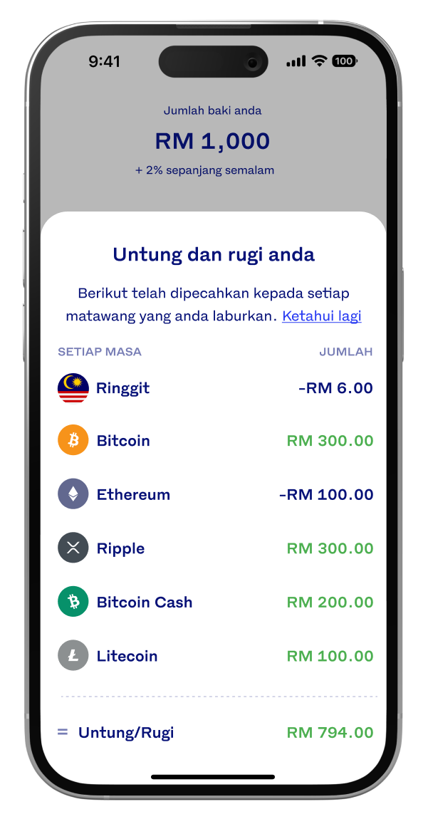 Screenshot of the profits and losses breakdown for each currency on Luno in Malaysian Ringgit
