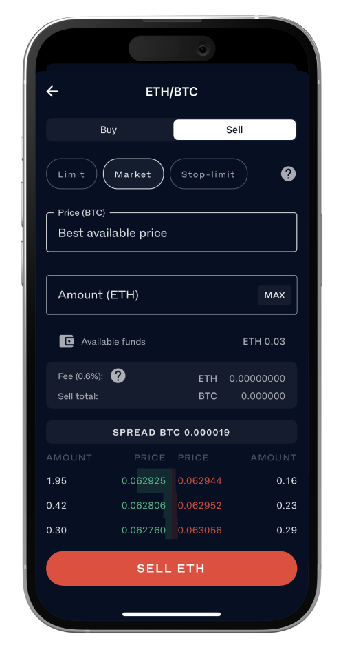 screenshot of the market order form
