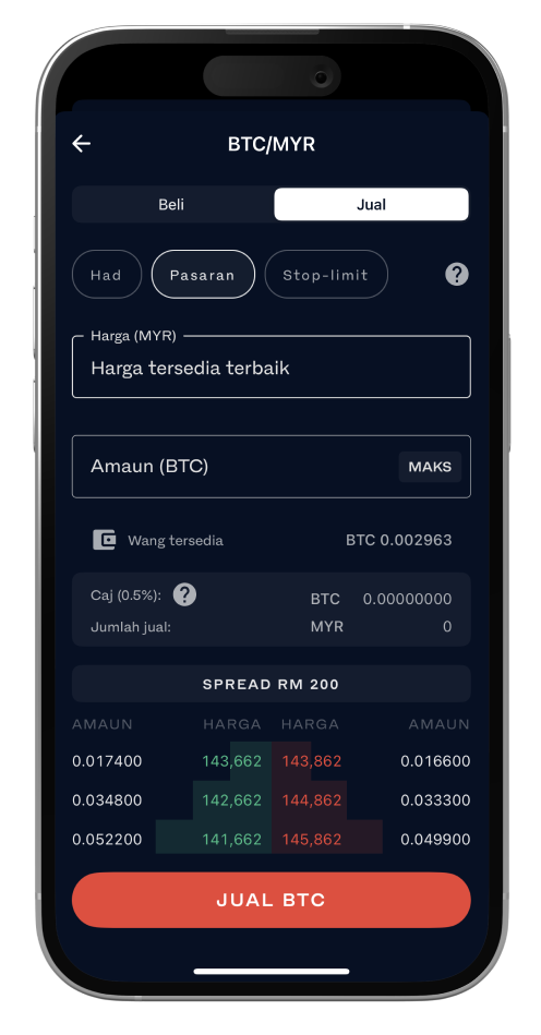 screenshot of the market order form