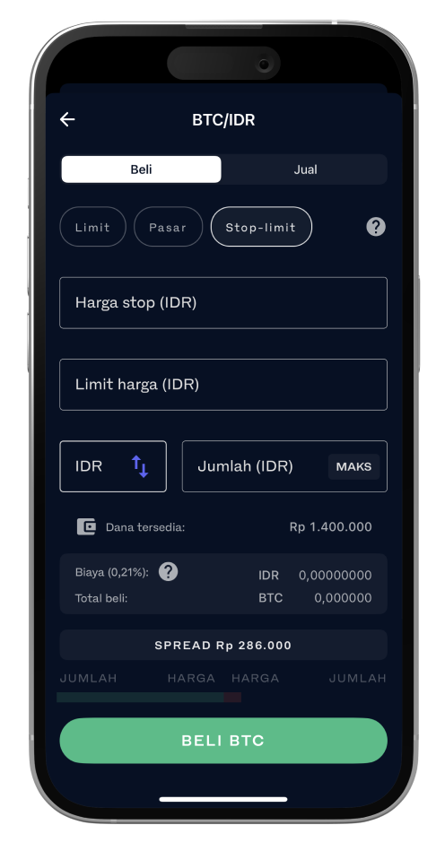 screenshot of the stop-limit order form