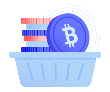 a basket holding a stack of different crypto coins