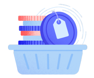 a basket of different crypto coins with a price tag attached to it