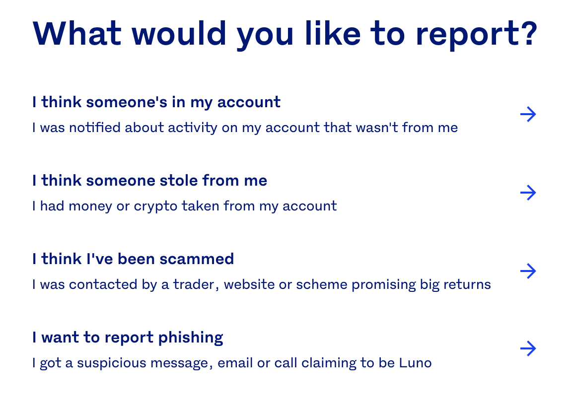 a screenshot of the various suspicious activity reporting options on Luno