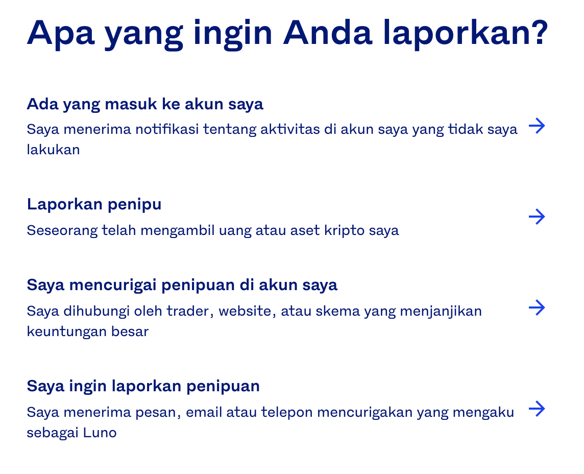 a screenshot of the various suspicious activity reporting options on Luno in Indonesia