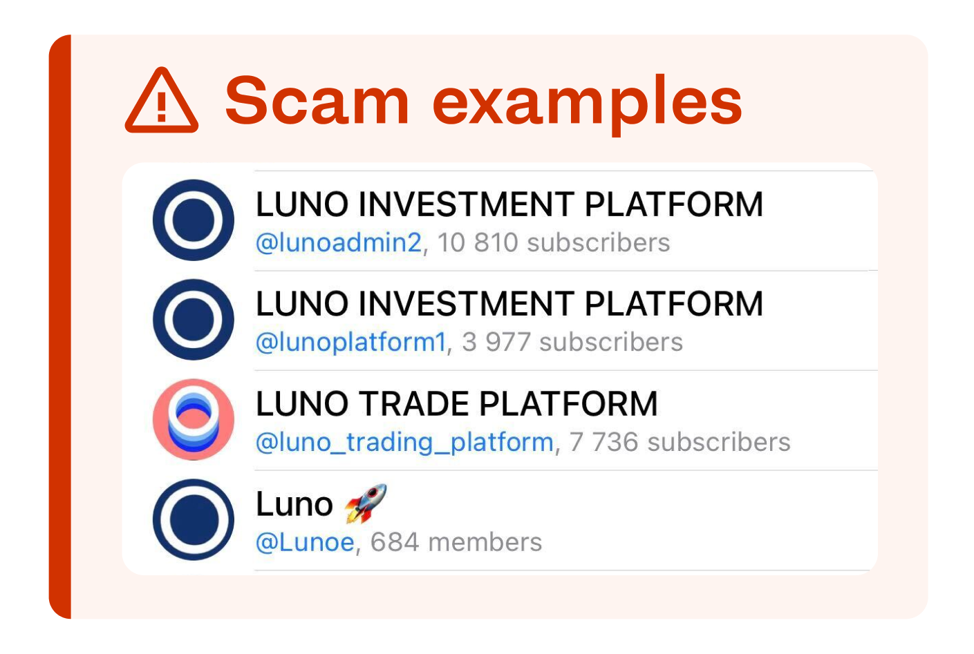examples of fake Luno trading groups on Telegram