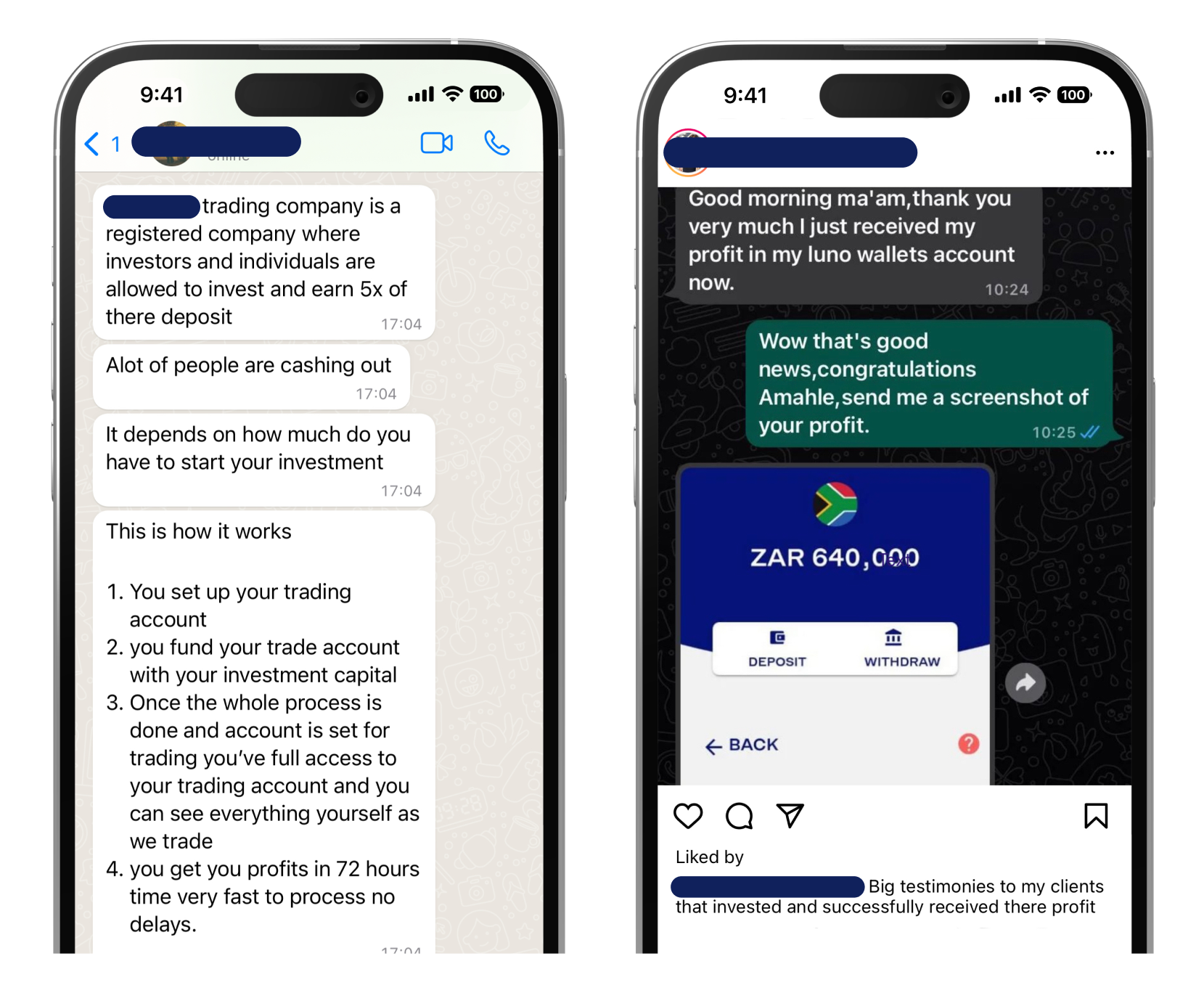 screenshots of fake Luno traders promising big profits on Whatsapp and Instagram