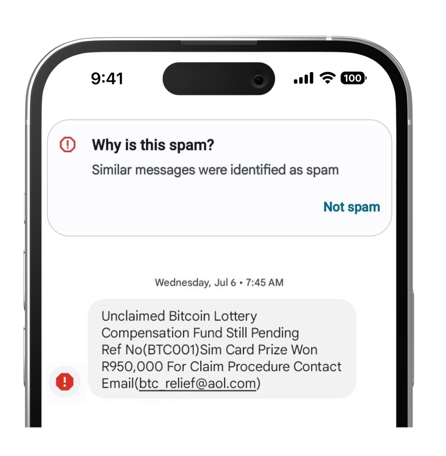 a scam SMS stating that there's a Bitcoin lottery prize that needs to be claimed