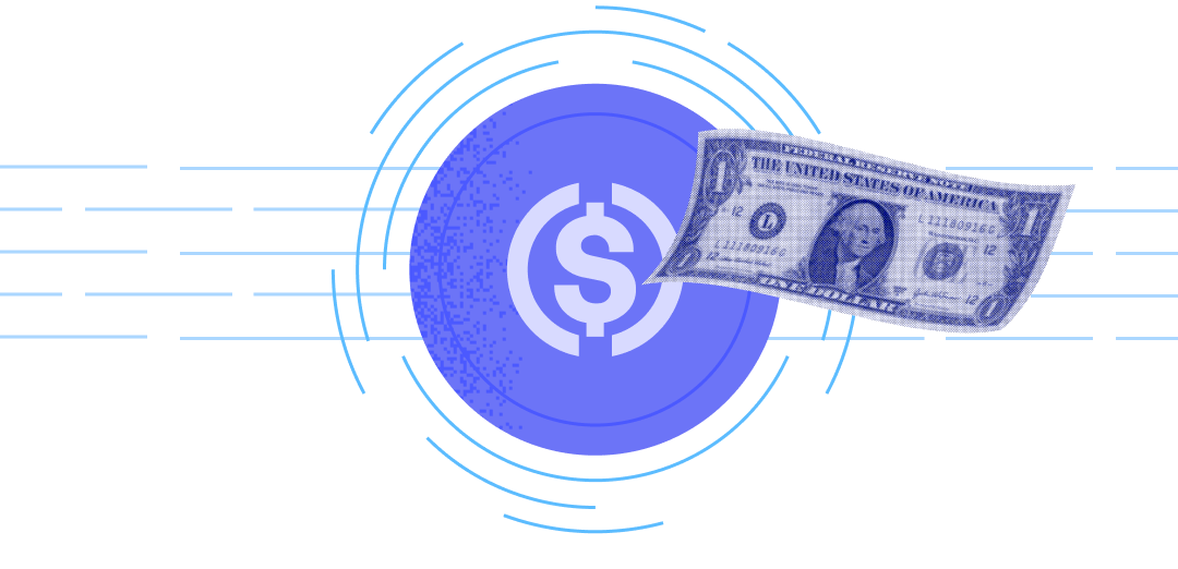 USDC token with a one-dollar bill