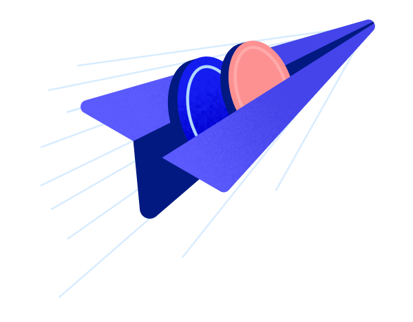 a paper plane being sent off with two crypto coins tucked into it