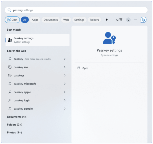 Screenshot of Windows passkey settings