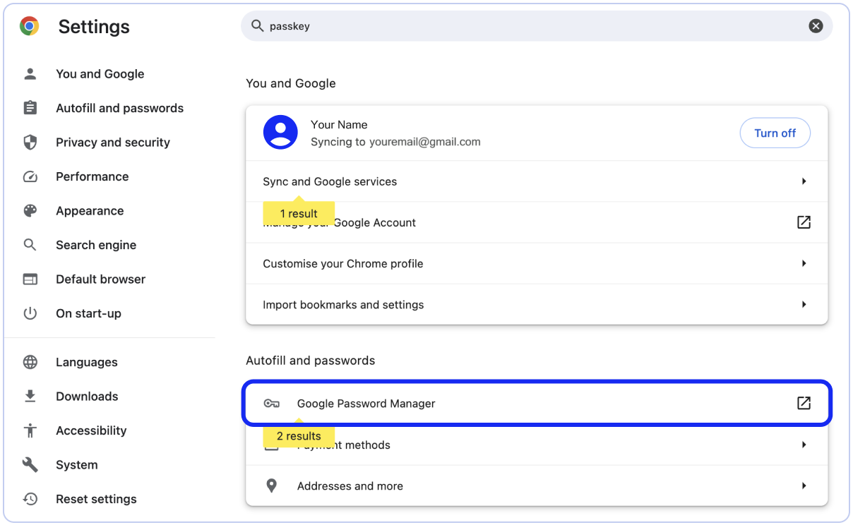 Google Chrome passkey settings