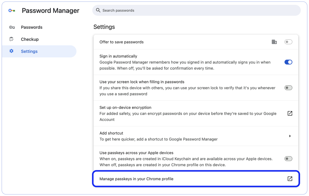 Chrome passkey settings showing Manage Passkey option