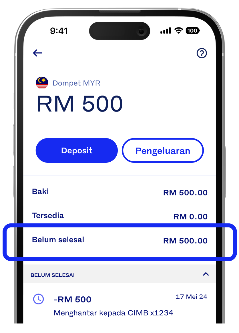 Local currency wallet showing a pending balance