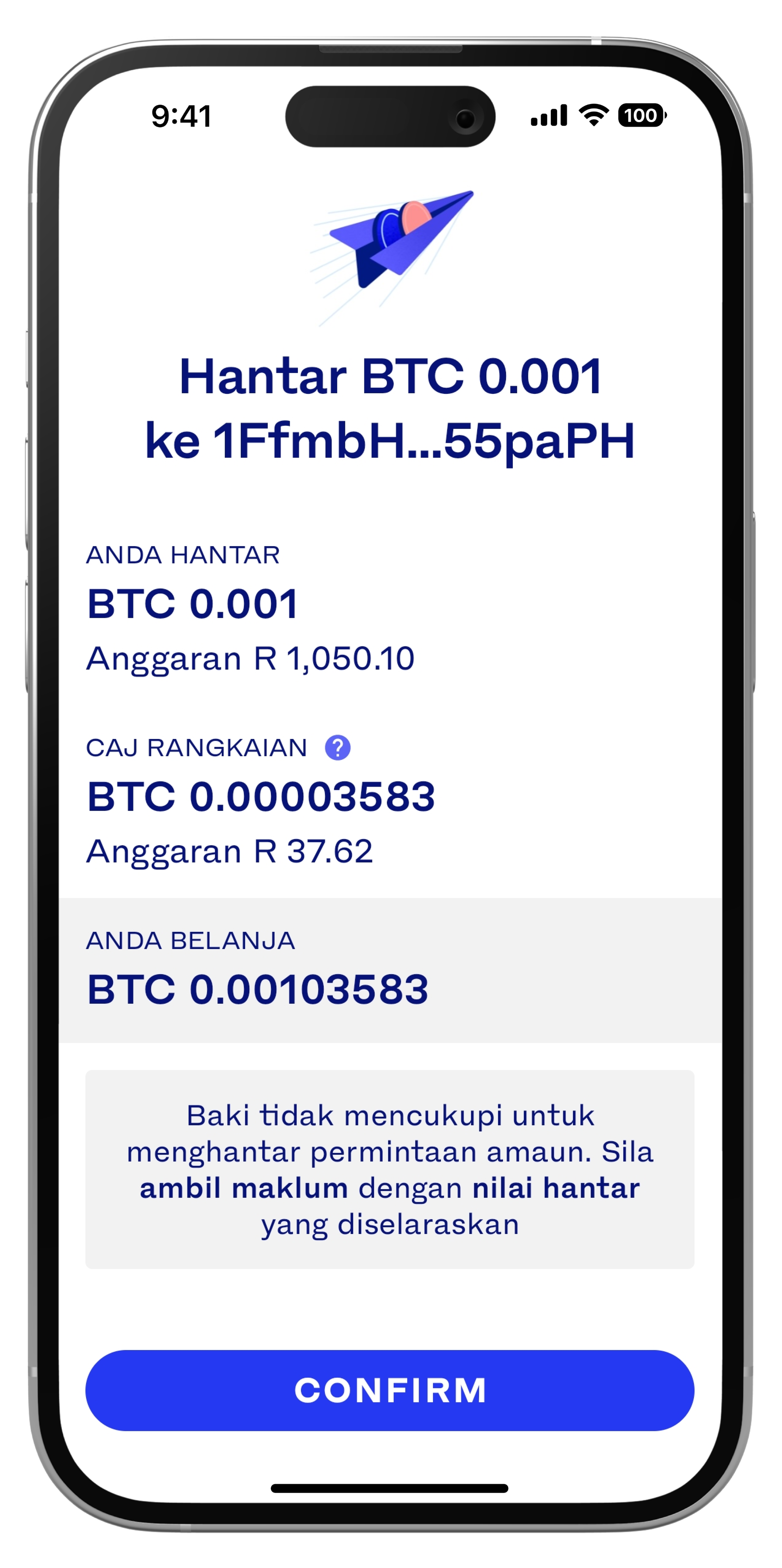 Skrin hantar kripto di Luno