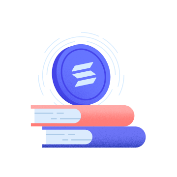 Solana  token on top of a stack of books