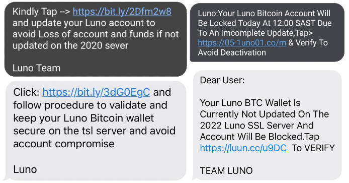 examples of phishing SMSs where customers are directed to click on links to update their accounts or avoid their account being blocked