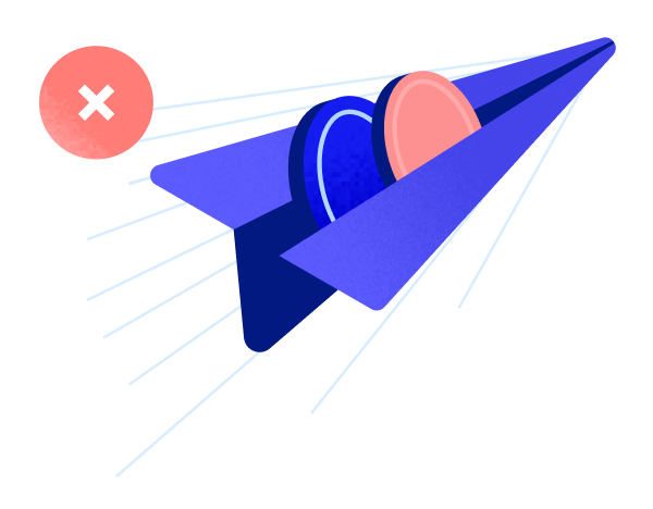 a circular X icon above a paper plane being sent off with two crypto coins tucked into it