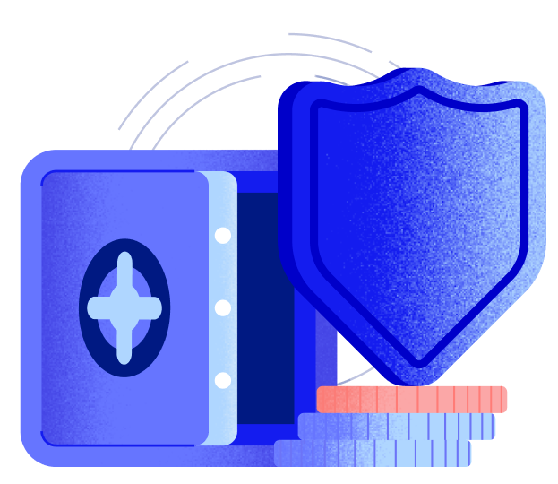 illustration of a safe next to a shield on top of some crypto coins
