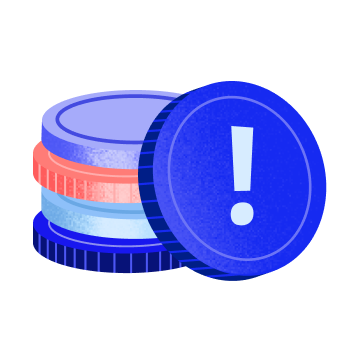 an upright coin with an exclamation mark on it, leaning against a stack of other crypto coins