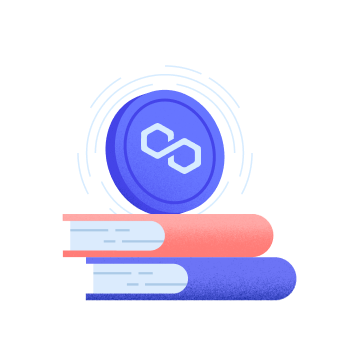 Matic token on top of a stack of books