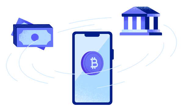 a stack of cash and a bank building orbiting around a mobile phone with a bitcoin token on its screen