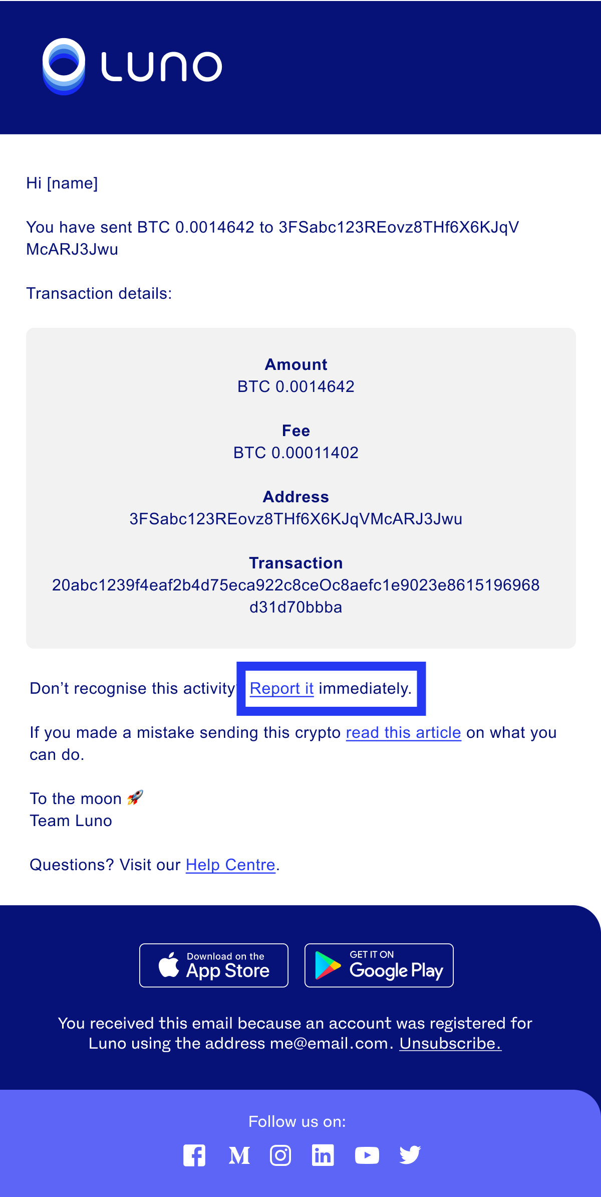 a screenshot of an email confirming a Bitcoin send transaction, with the Report link highlighted