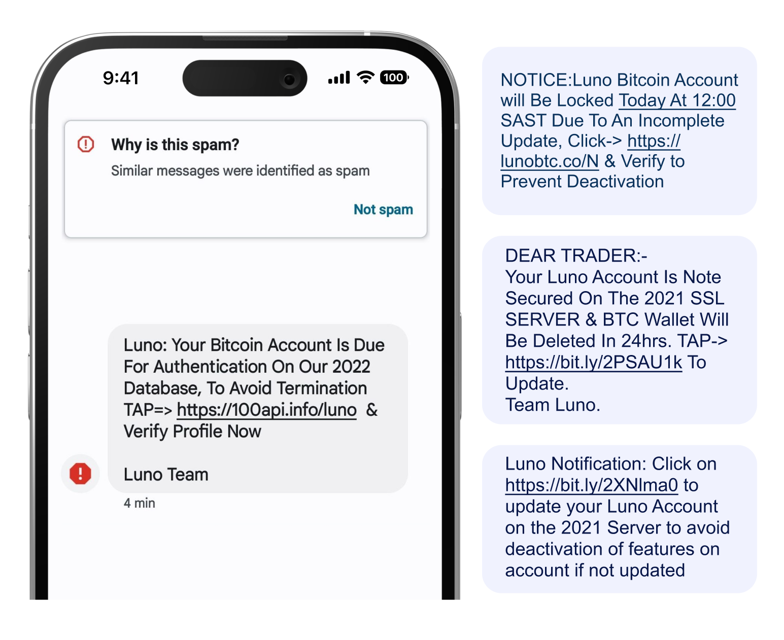 examples of phishing SMSs telling you to follow a link to avoid the suspension of your Luno account