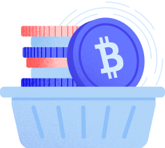 a basket holding a stack of different crypto coins