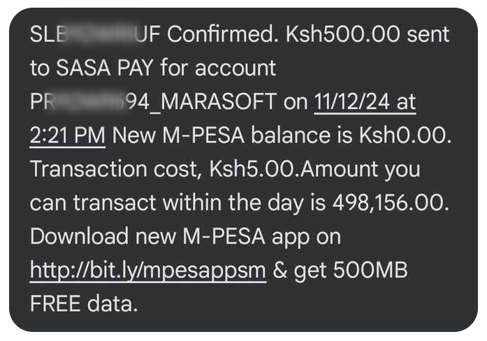 An M-Pesa SMS showing transaction details